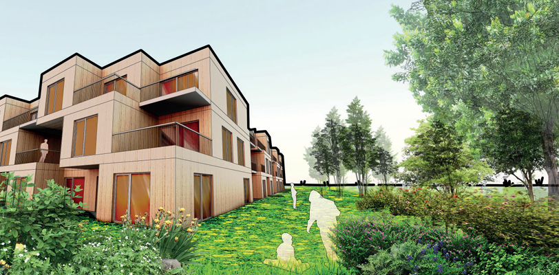 Visualisierung des Generationenwohnprojekts 'Leben im Grünen' mit Detail-Einblicken in die Architektur