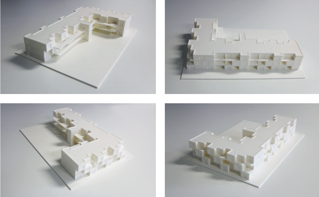 Physische 3D-Modelle des Wohnkomplexes aus verschiedenen Perspektiven